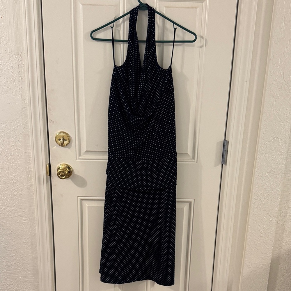 Black Polka Dot Backless Halter Midi Dress